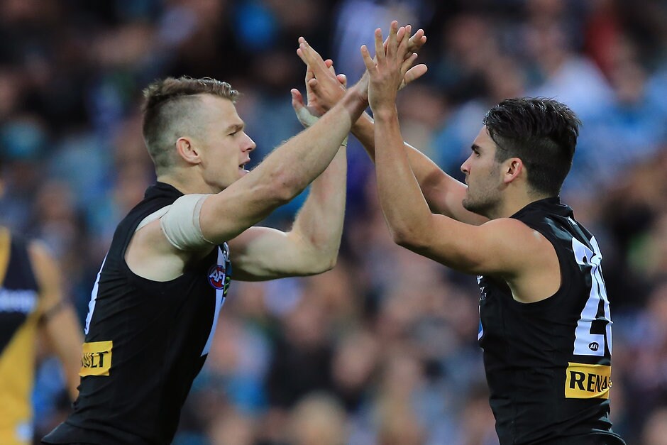 AFL 2015 Rd 08 - Port Adelaide v Richmond Robbie Gray and Chad Wingard of the Power celebrate a goal during the 2015 AFL Round 08 match between Port Adelaide Power and the Richmond Tigers at Adelaide Oval, Adelaide on May 24, 2015. (Photo: James Elsby/AFL Media)